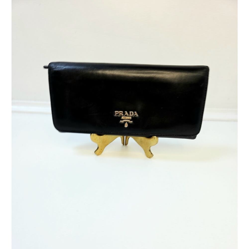 PRADA Women's Black & Gold Folding Wallet Logo Credit Card Slots Zip Pocket - Picture 3 of 16